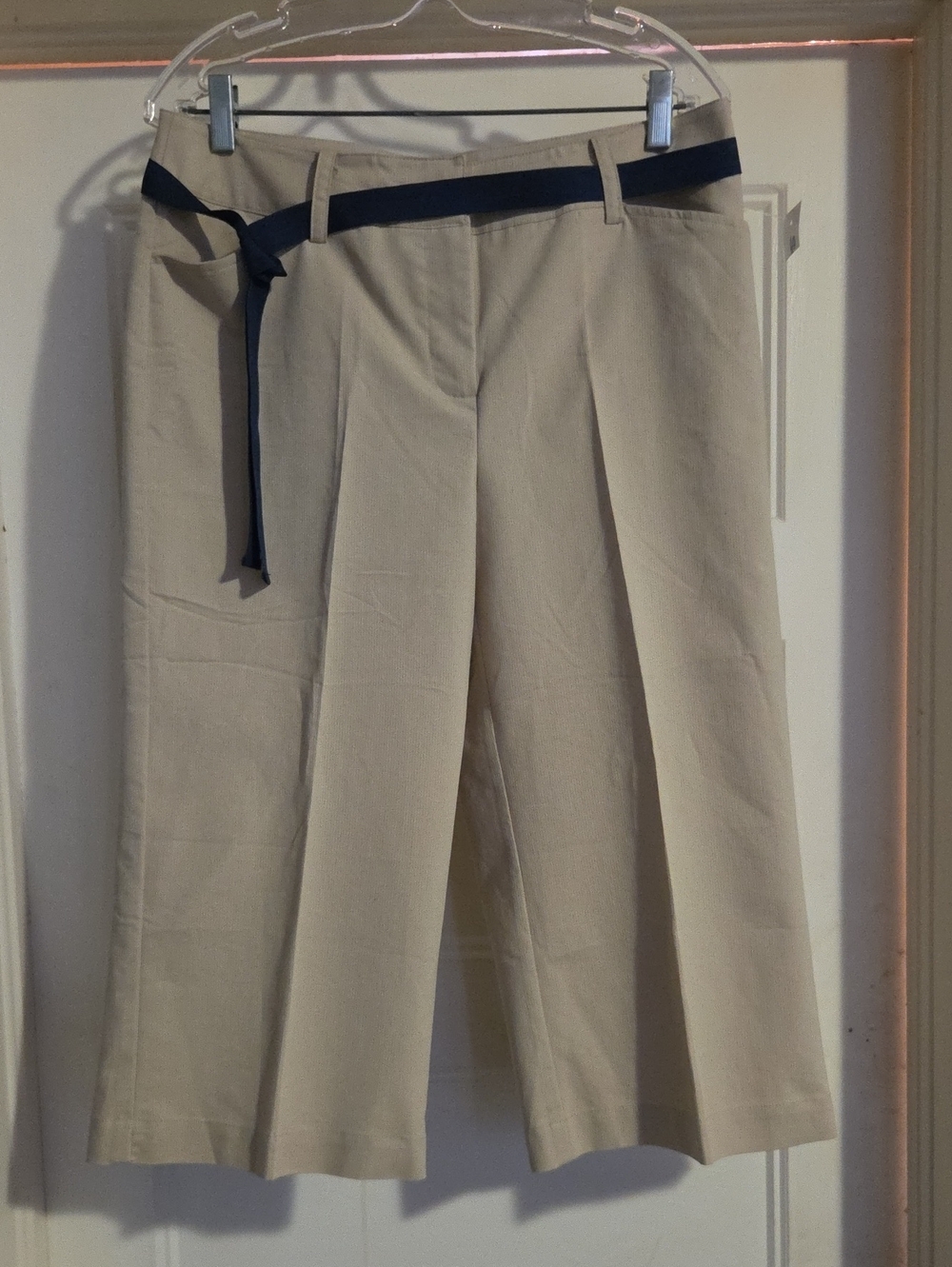 Jessica Beige Cropped Wide-Leg Pants with Navy Belt